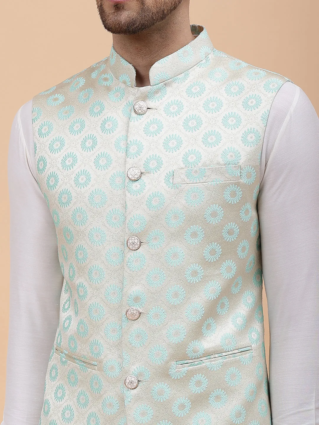 Men Gold & Turquoise Blue Woven Design Jacquard Neharu Jacket