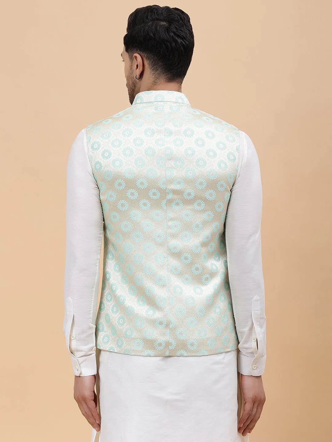 Men Gold & Turquoise Blue Woven Design Jacquard Neharu Jacket