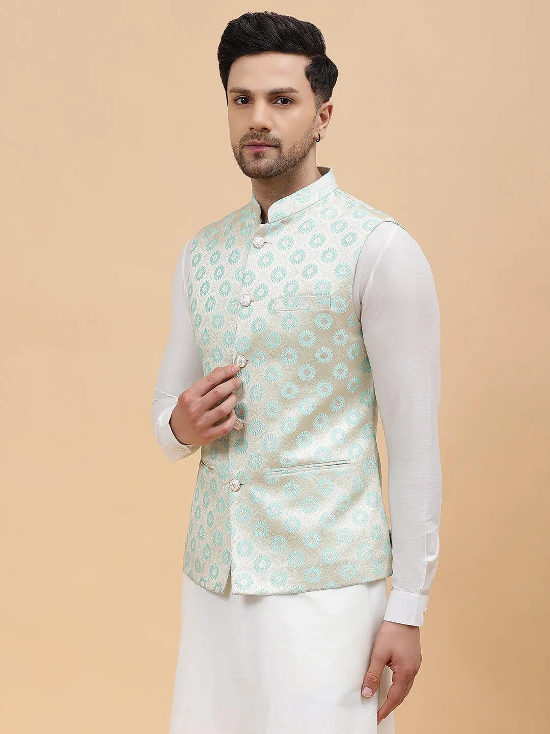 Men Gold & Turquoise Blue Woven Design Jacquard Neharu Jacket