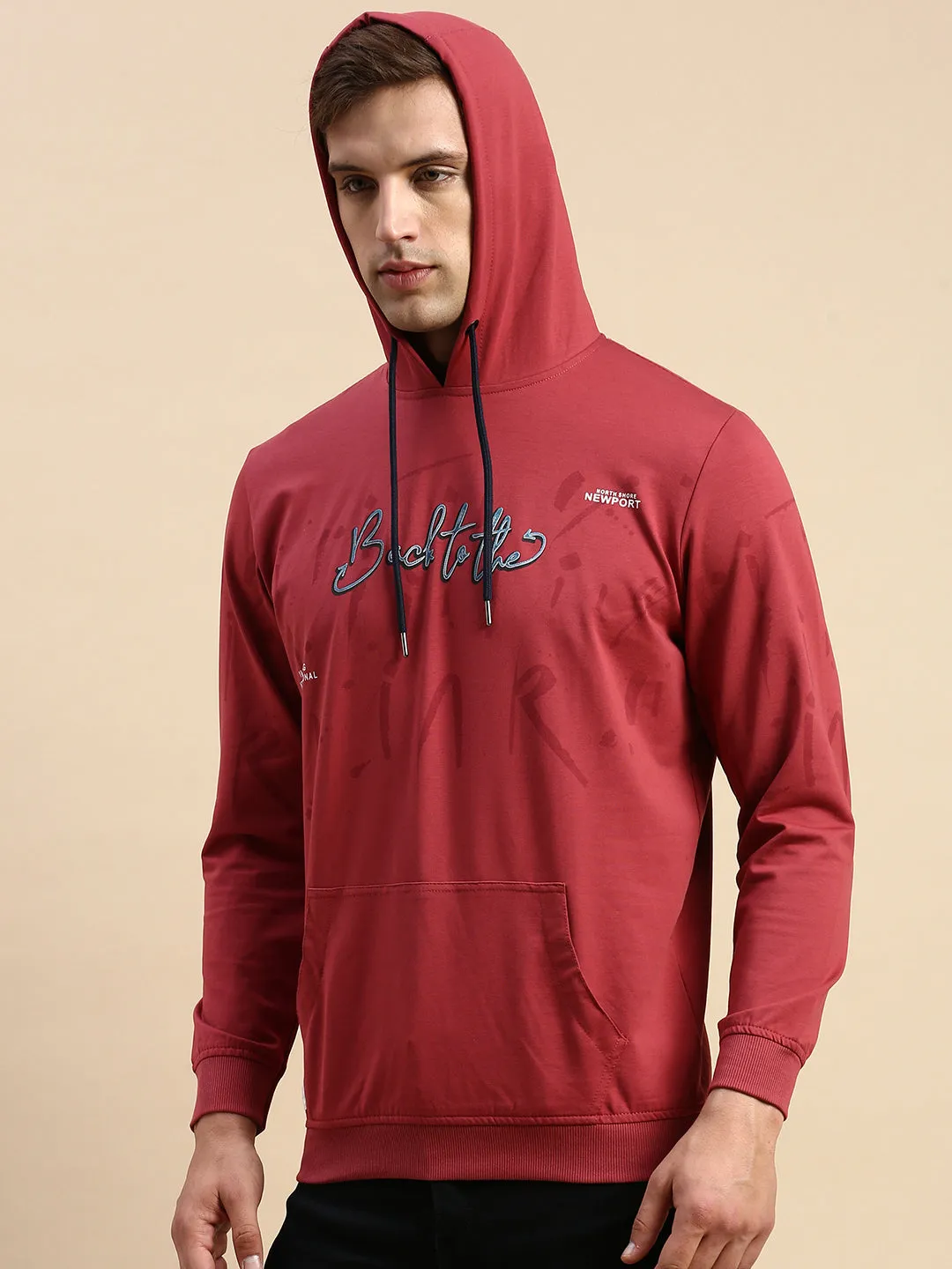 Men Pink Printed Casual Hoodie