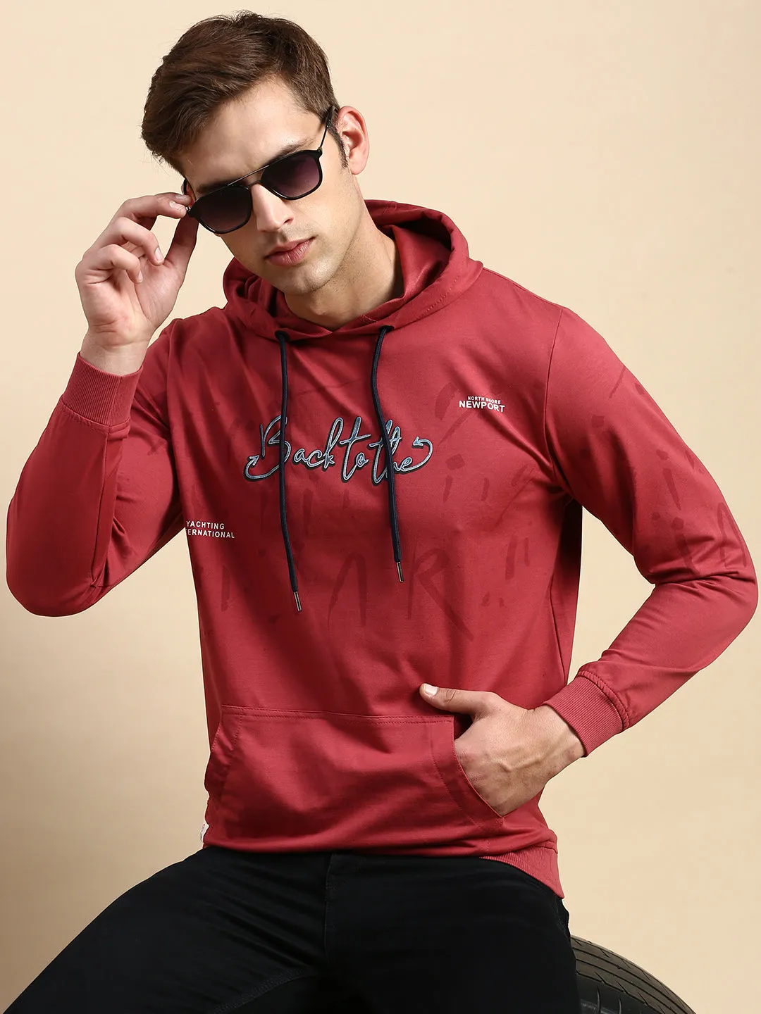 Men Pink Printed Casual Hoodie