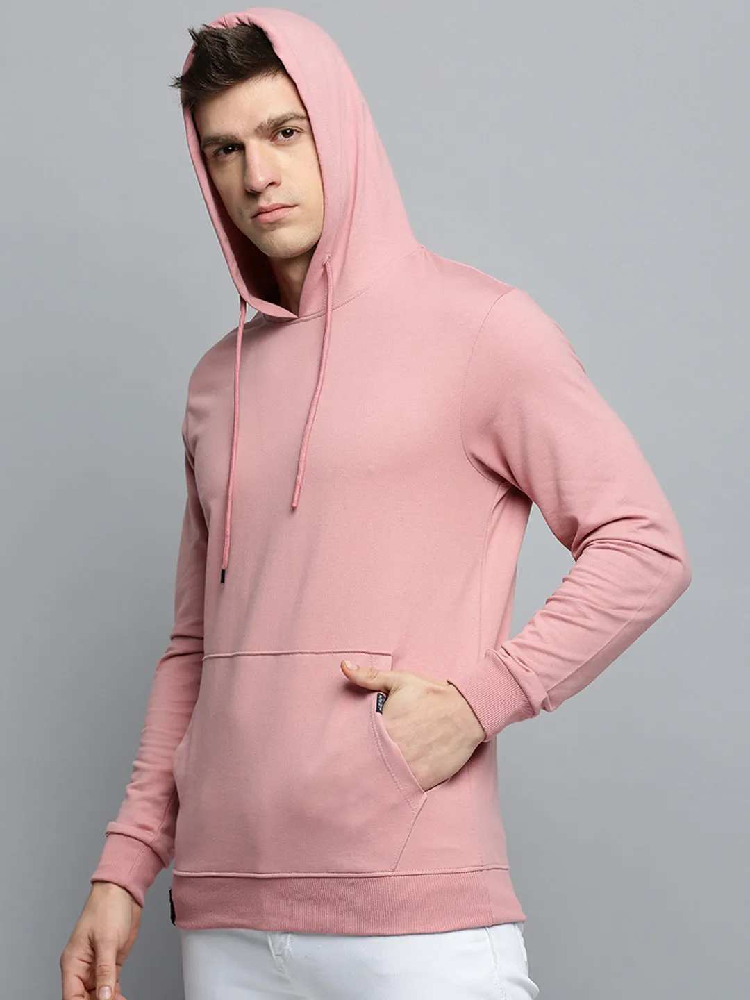 Men Pink Solid Casual Hoodie