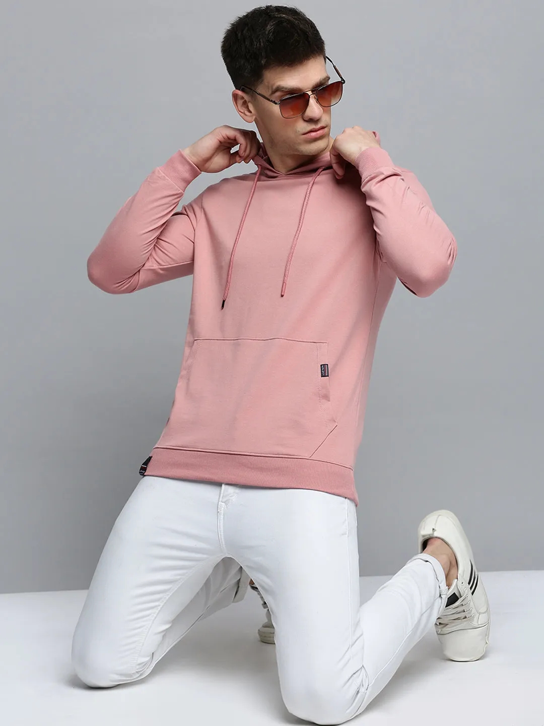 Men Pink Solid Casual Hoodie