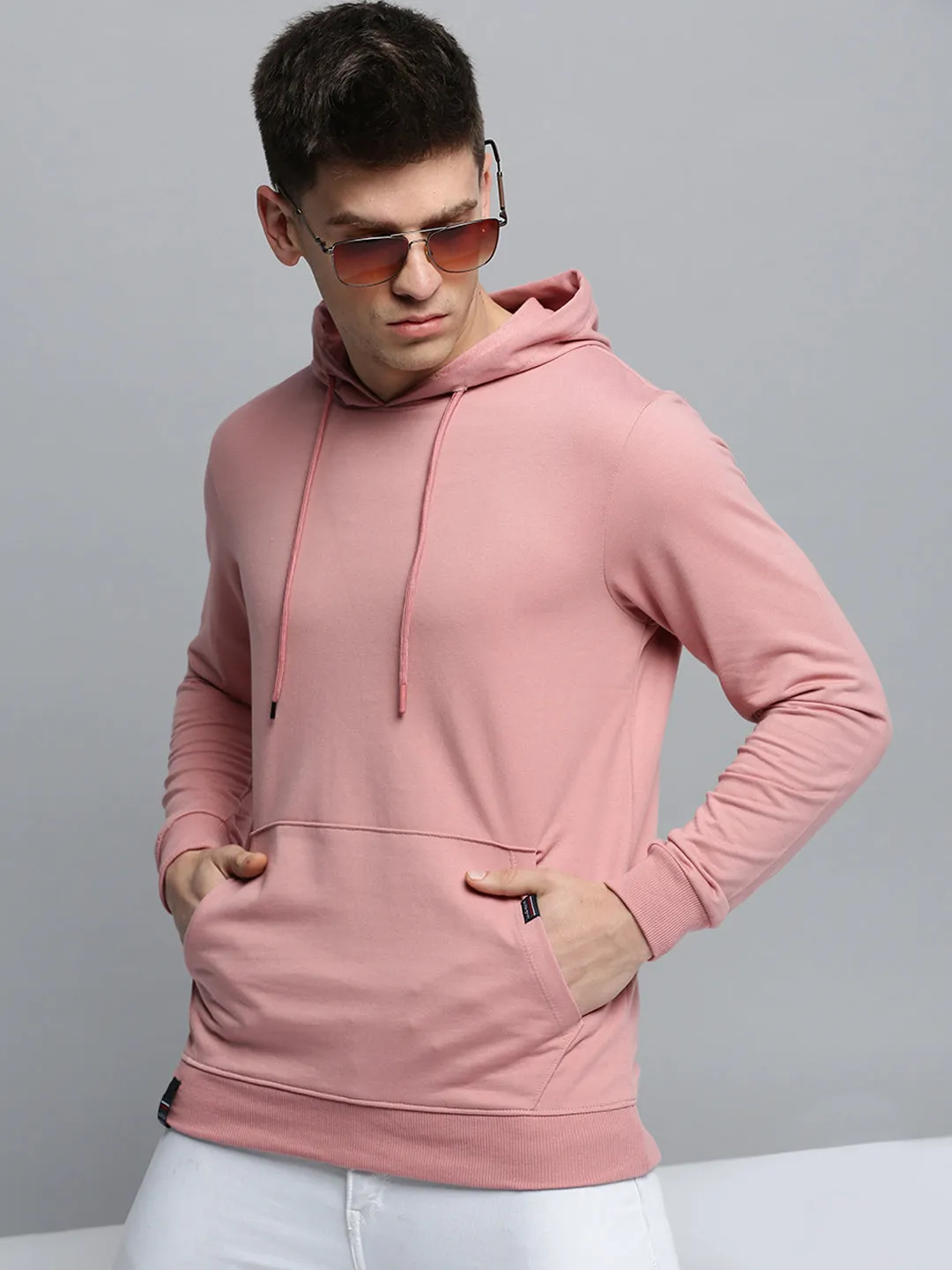 Men Pink Solid Casual Hoodie