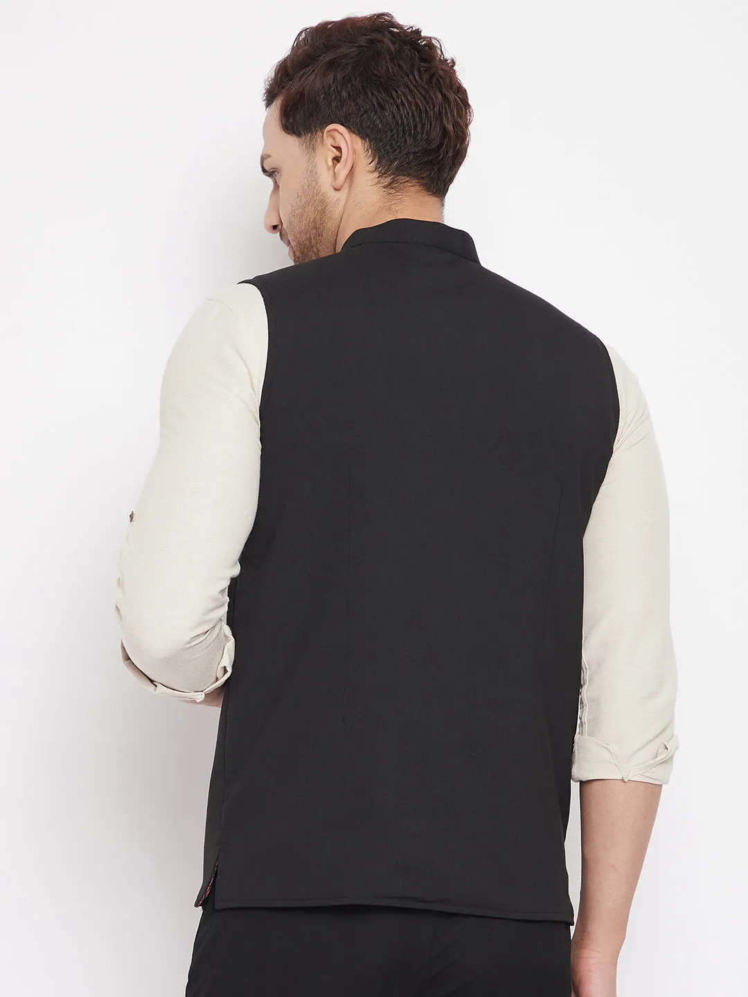 Men's Black Color Nehru Jacket-Contrast Lining-Inbuilt Pocket Square - Even Apparels