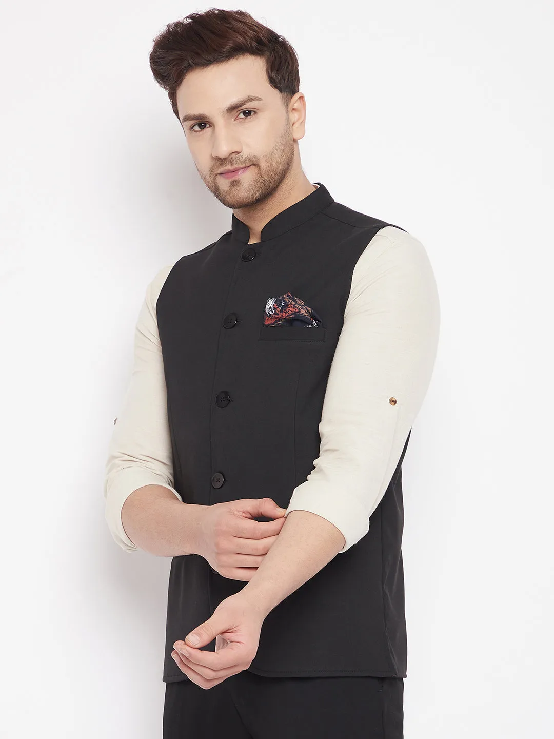 Men's Black Color Nehru Jacket-Contrast Lining-Inbuilt Pocket Square - Even Apparels