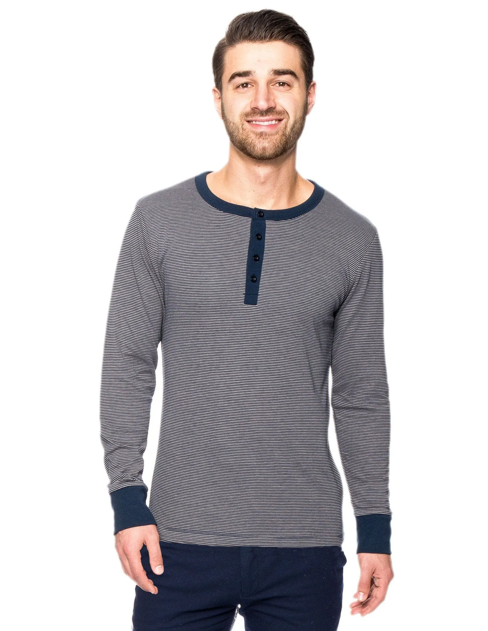 Men's Double Layer Thermal Long Sleeve Henley Top - Stripes Navy/Grey