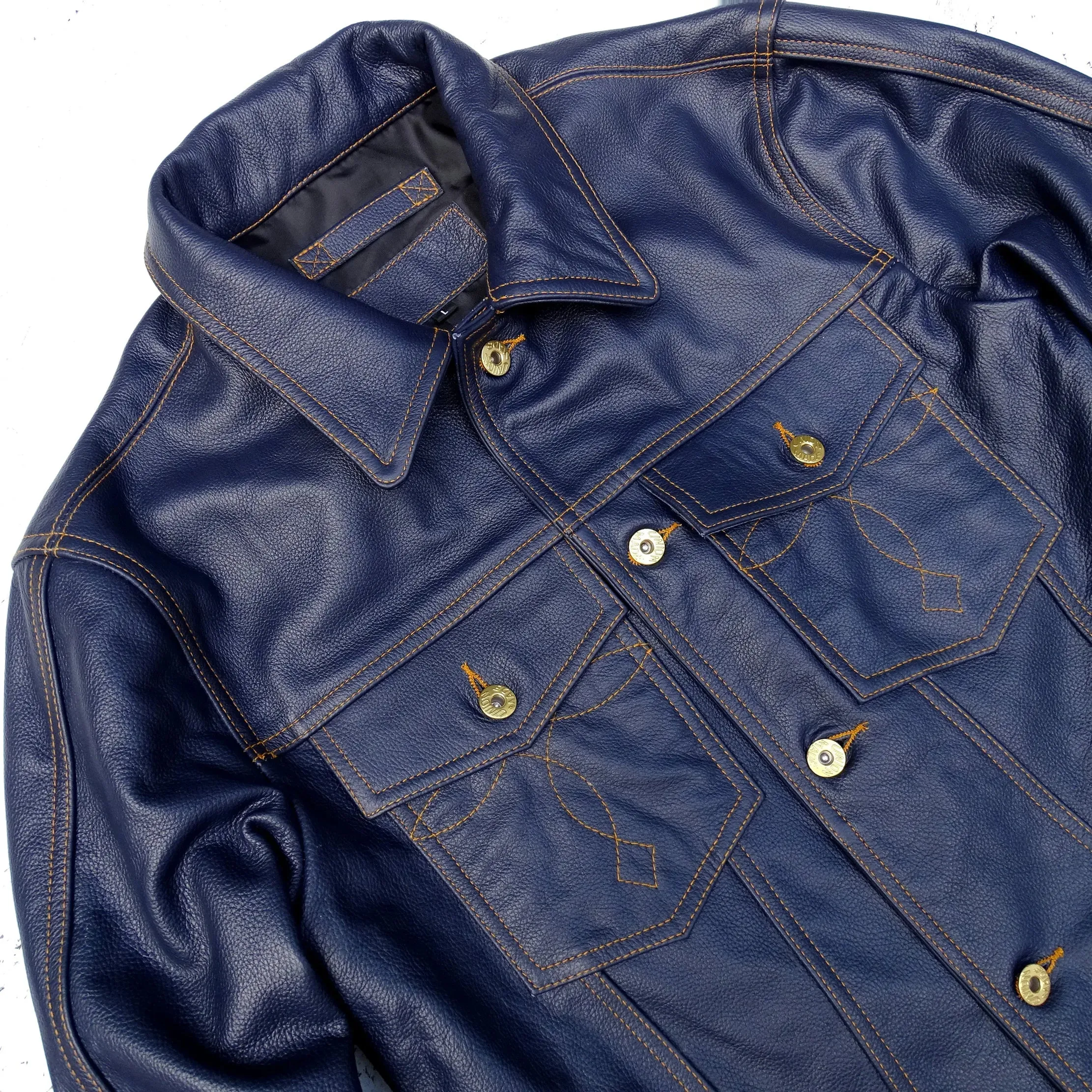 Men's Genuine Cowhide Leather Jacket with Embroidery - Blue Storm Rider Coat