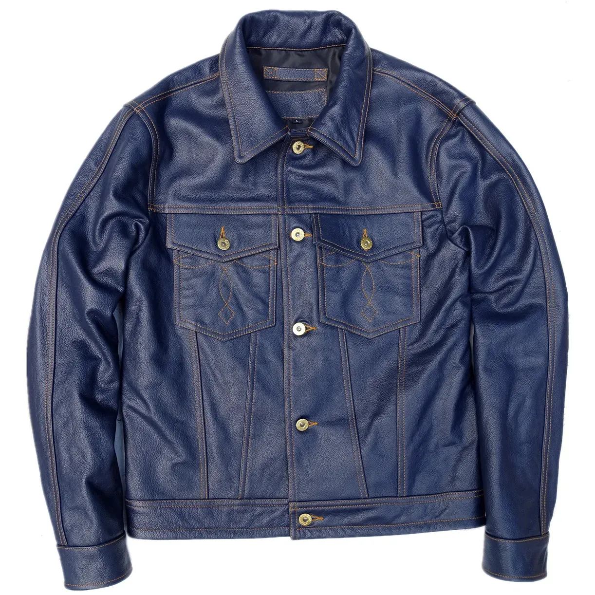 Men's Genuine Cowhide Leather Jacket with Embroidery - Blue Storm Rider Coat