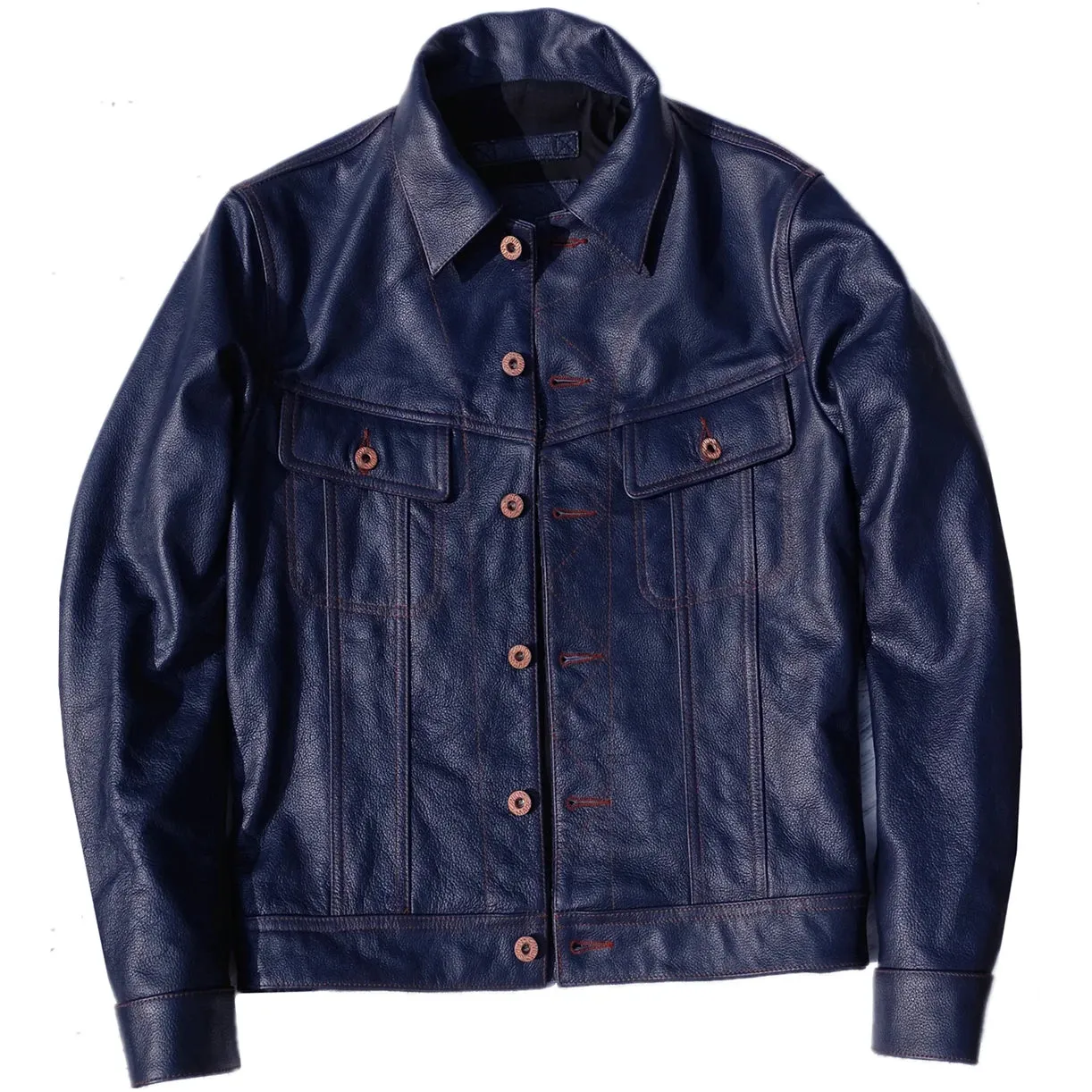 Men's Genuine Cowhide Leather Jacket with Embroidery - Blue Storm Rider Coat