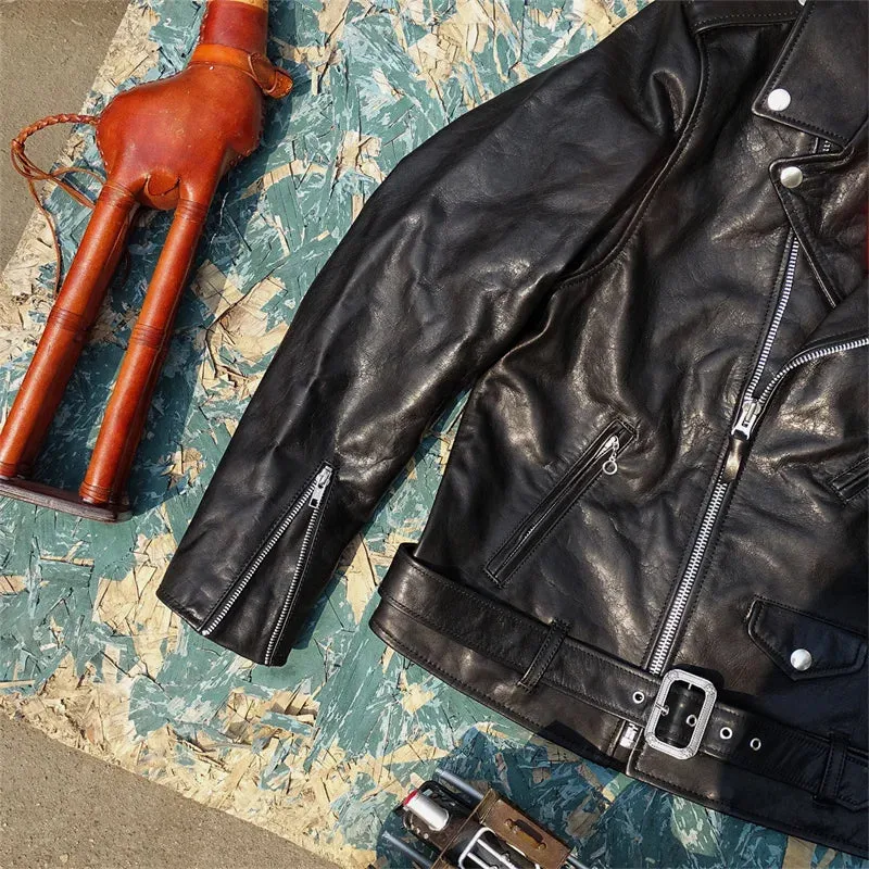 Men's Motorcycle Leather Jacket - Horsehide Slim Fit Racer Style