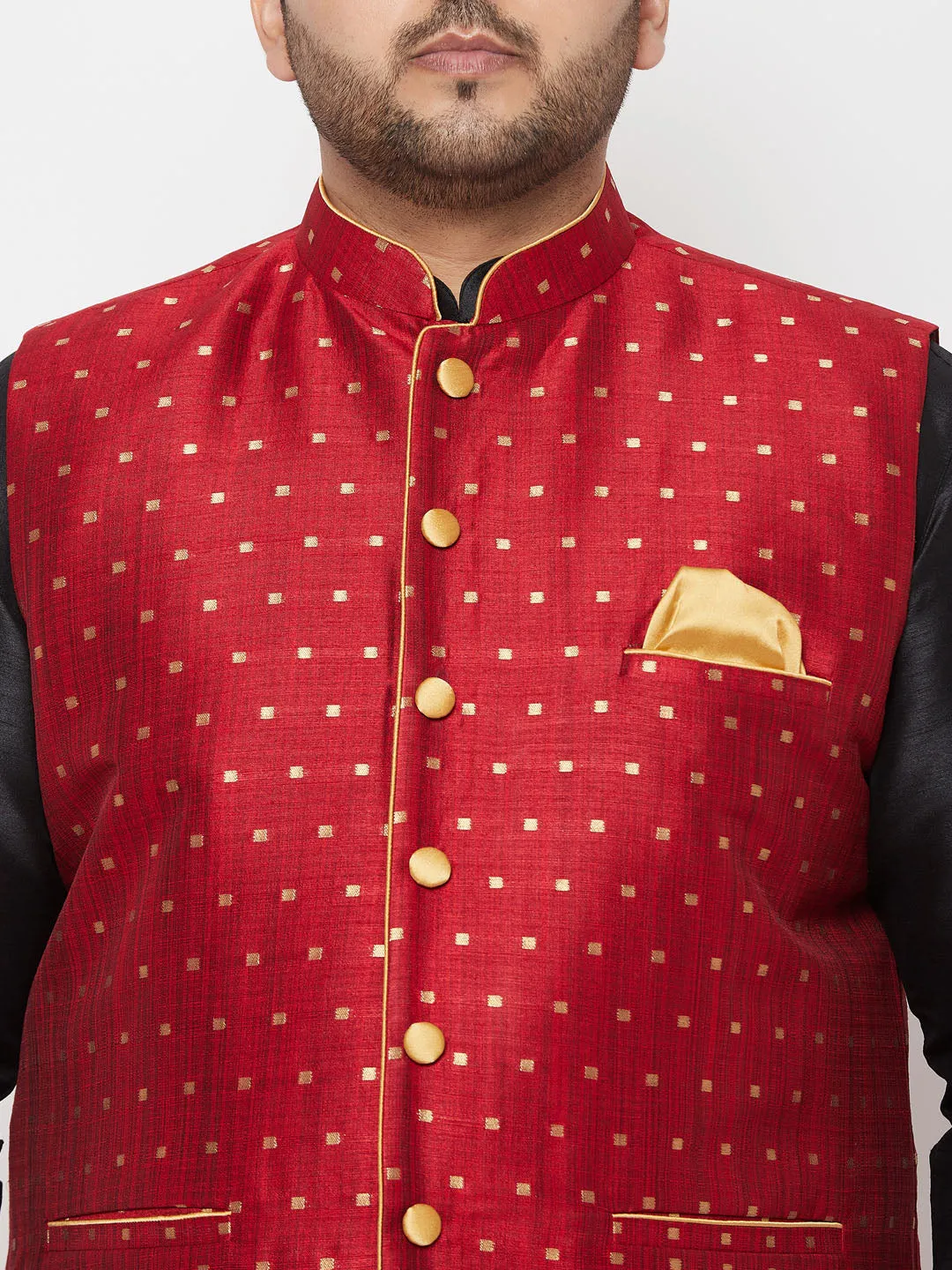 Men's Plus Black, Maroon And White Silk Blend Jacket Kurta Pyjama Set - Vastramay