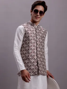 Men'S Purple Woven Design Nehru Jacket With Solid Kurta Pyjama.