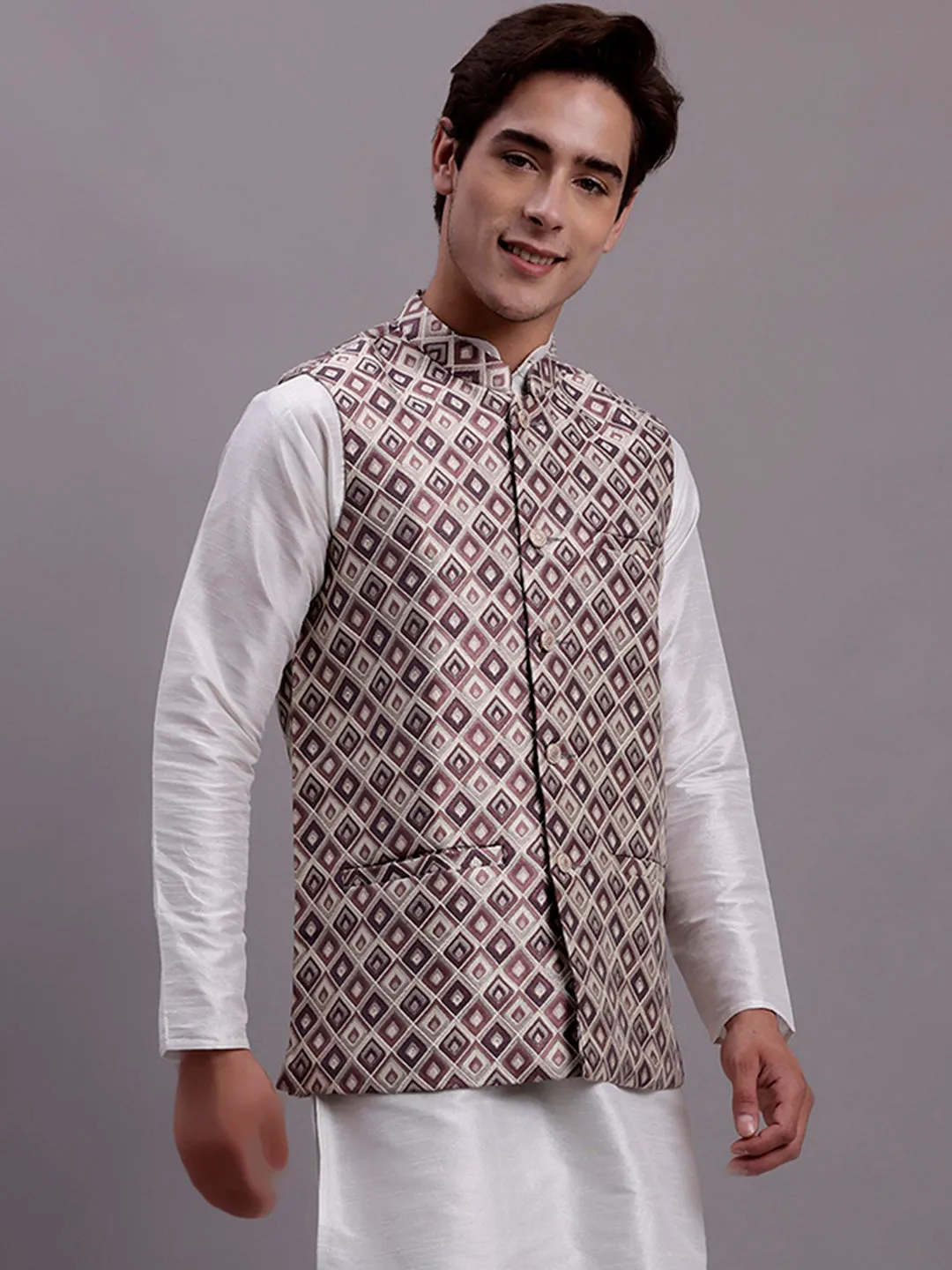 Men'S Purple Woven Design Nehru Jacket With Solid Kurta Pyjama.