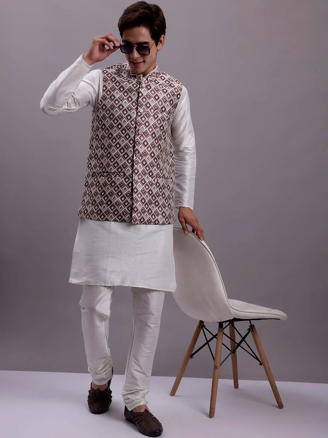 Men'S Purple Woven Design Nehru Jacket With Solid Kurta Pyjama.