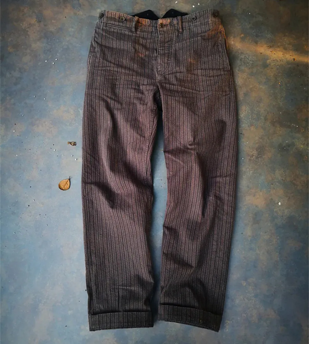 Men's Salt Pepper Striped Tweed Pants - High Waist French Vintage Style