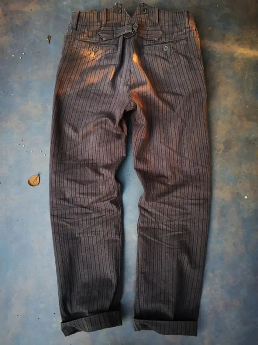 Men's Salt Pepper Striped Tweed Pants - High Waist French Vintage Style