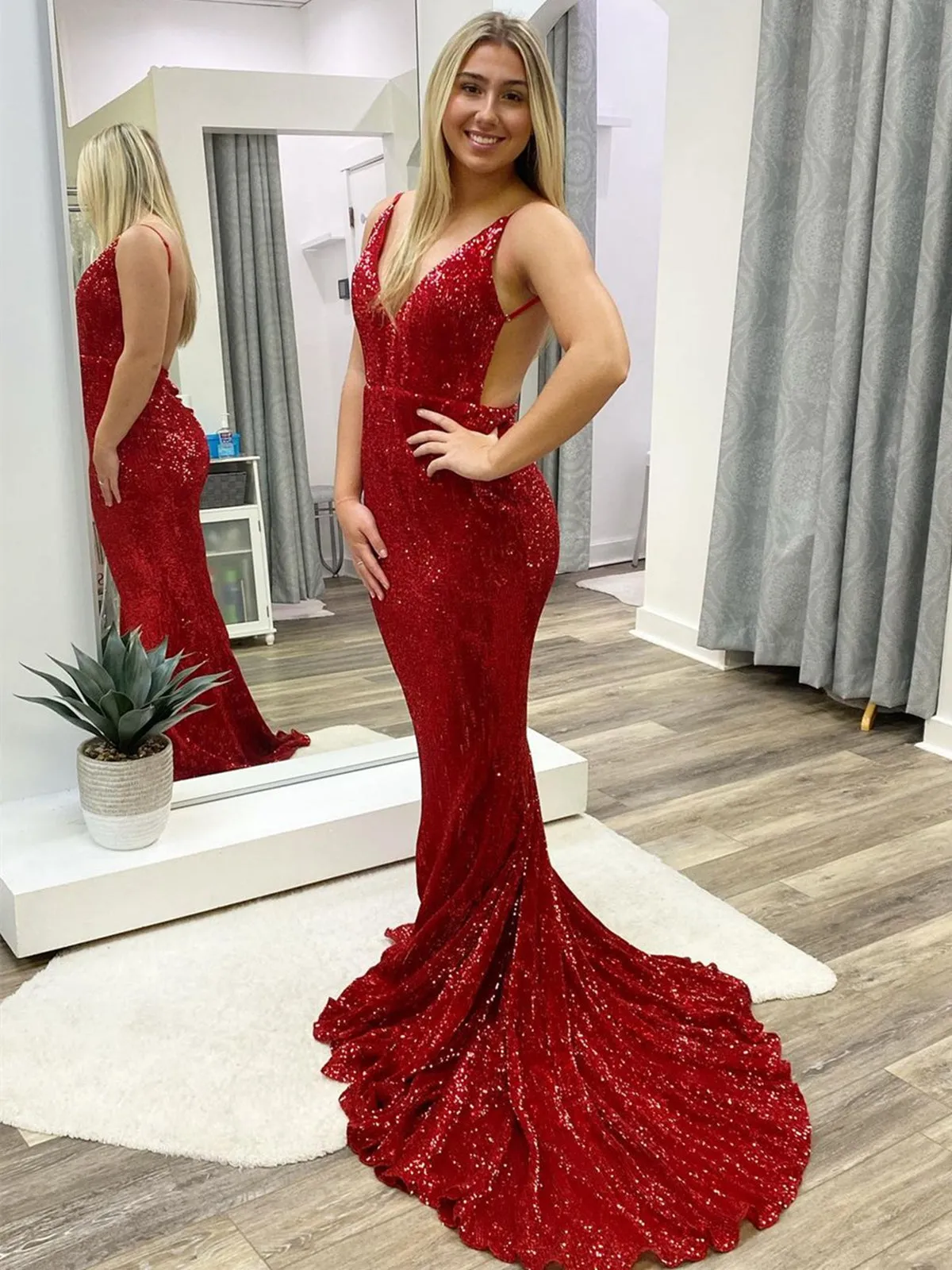 Mermaid V Neck Backless Burgundy Long Prom Dresses, Mermaid Burgundy Formal Dresses, Backless Burgundy Evening Dresses