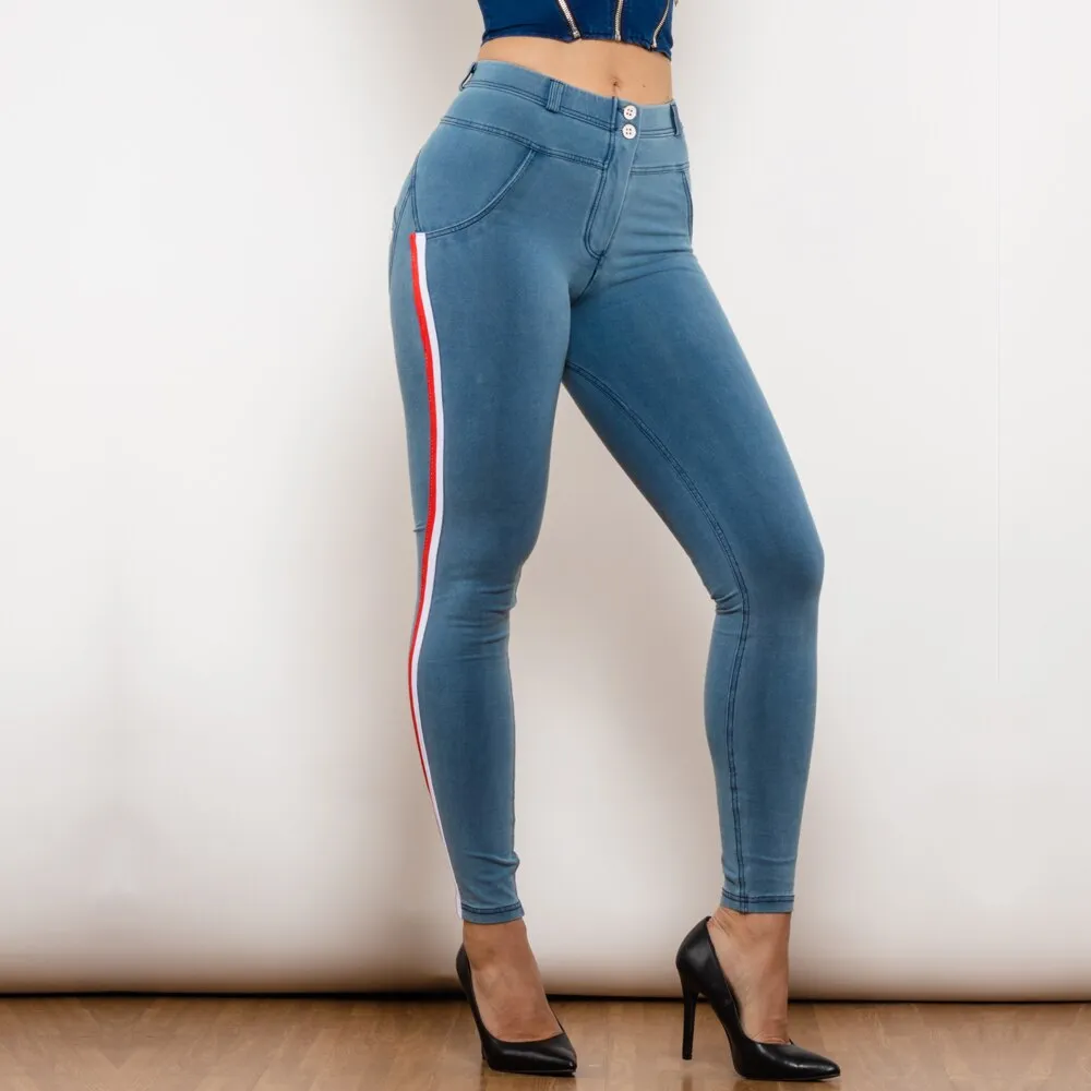 Middle Waist Dark Thread Light Blue Jeans with Stripe