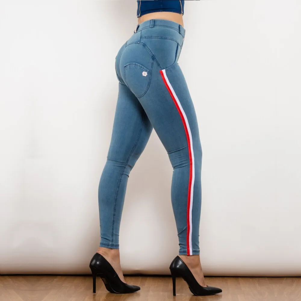 Middle Waist Dark Thread Light Blue Jeans with Stripe