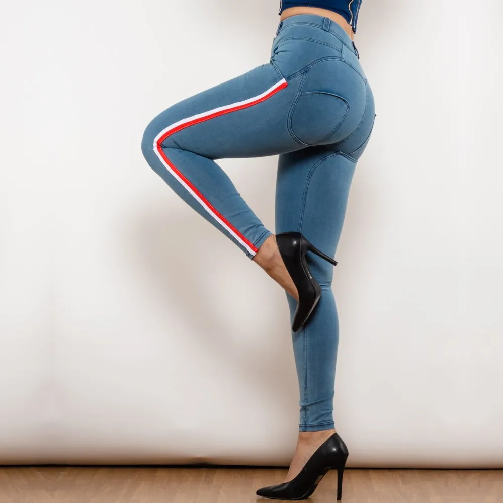 Middle Waist Dark Thread Light Blue Jeans with Stripe