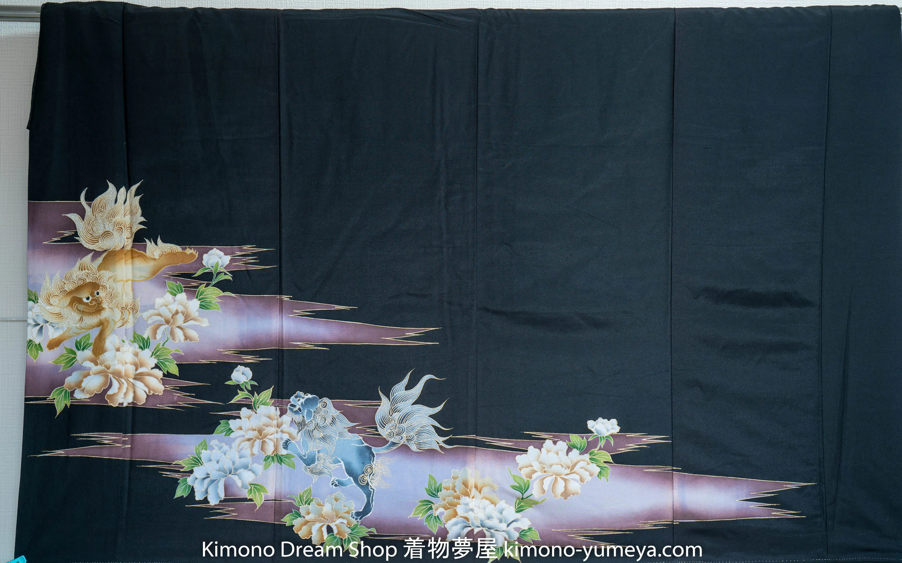 Mythical Creatures Lion Dogs Tomesode - Kuro Black Kimono Gold Komainu Temple Sacred Shinto Shrines