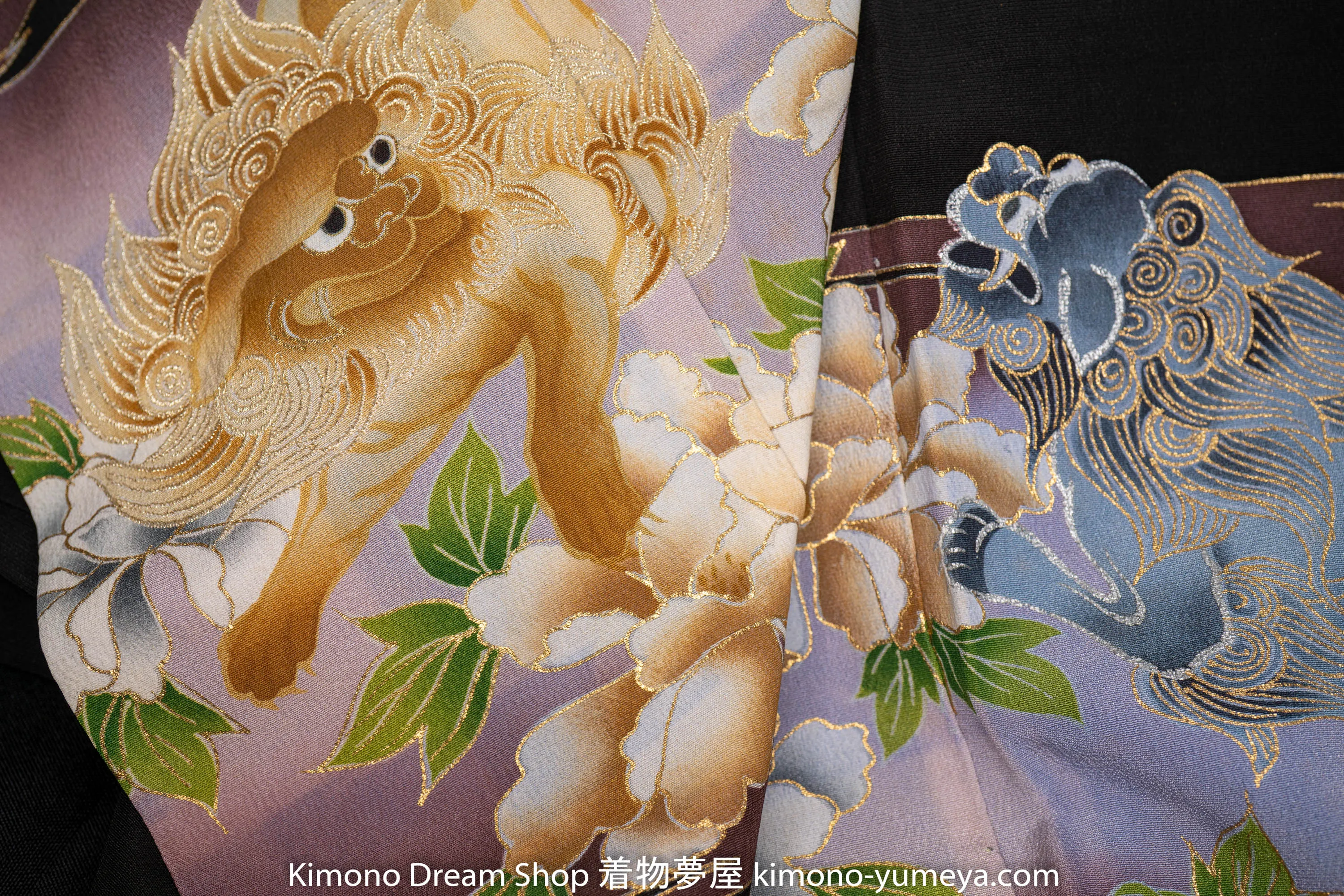 Mythical Creatures Lion Dogs Tomesode - Kuro Black Kimono Gold Komainu Temple Sacred Shinto Shrines