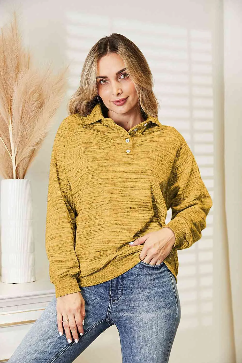 Ninexis Full Size Quarter-Button Collared Sweatshirt