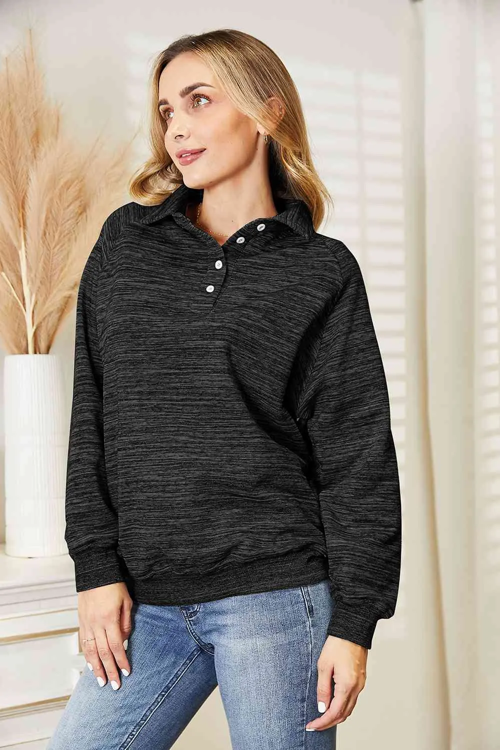 Ninexis Full Size Quarter-Button Collared Sweatshirt