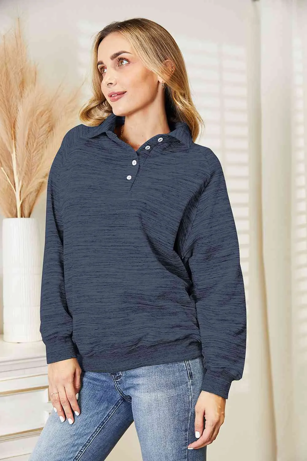 Ninexis Full Size Quarter-Button Collared Sweatshirt