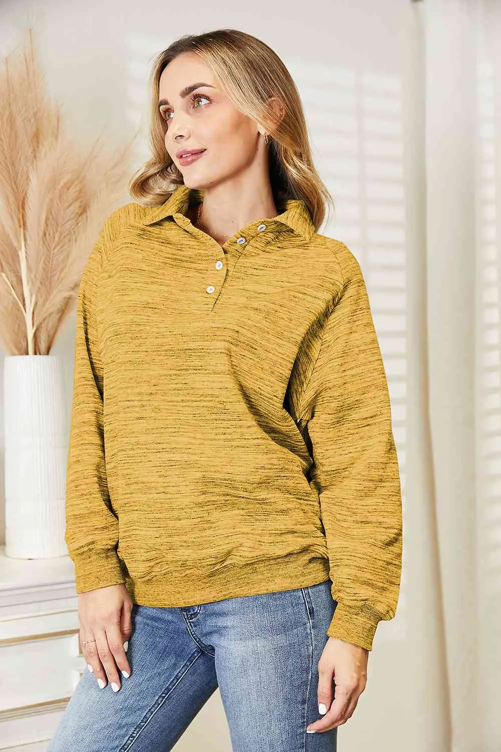 Ninexis Full Size Quarter-Button Collared Sweatshirt