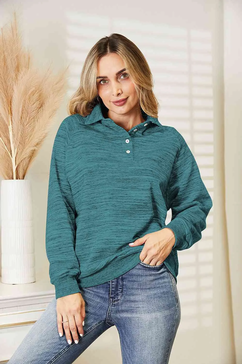 Ninexis Full Size Quarter-Button Collared Sweatshirt