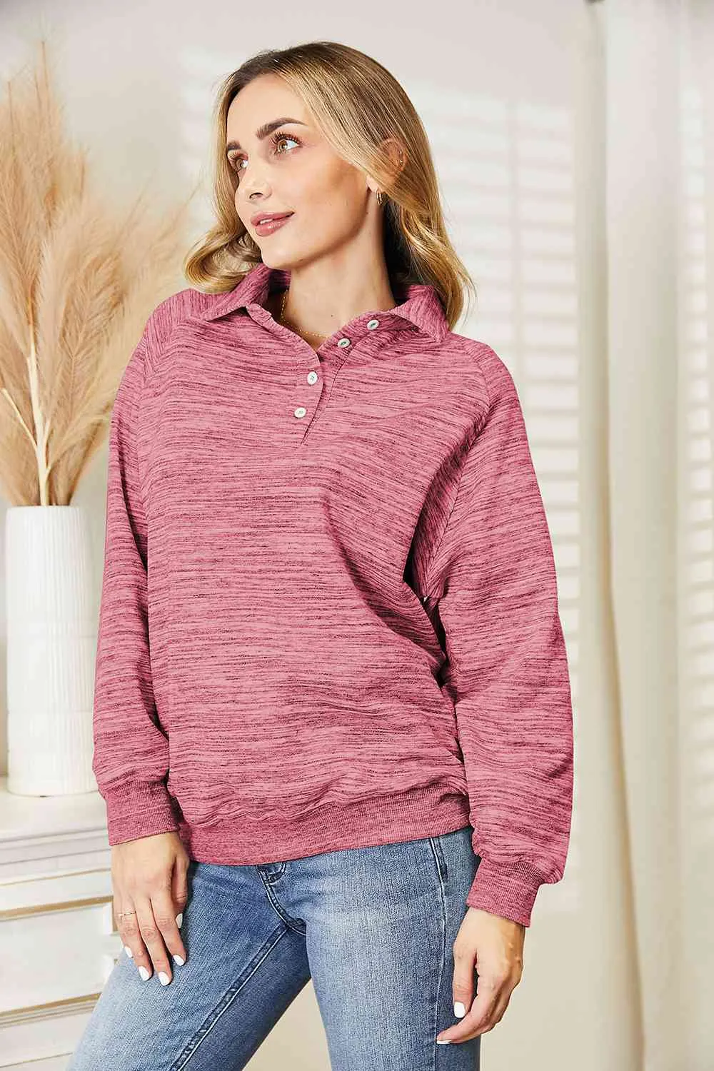 Ninexis Full Size Quarter-Button Collared Sweatshirt