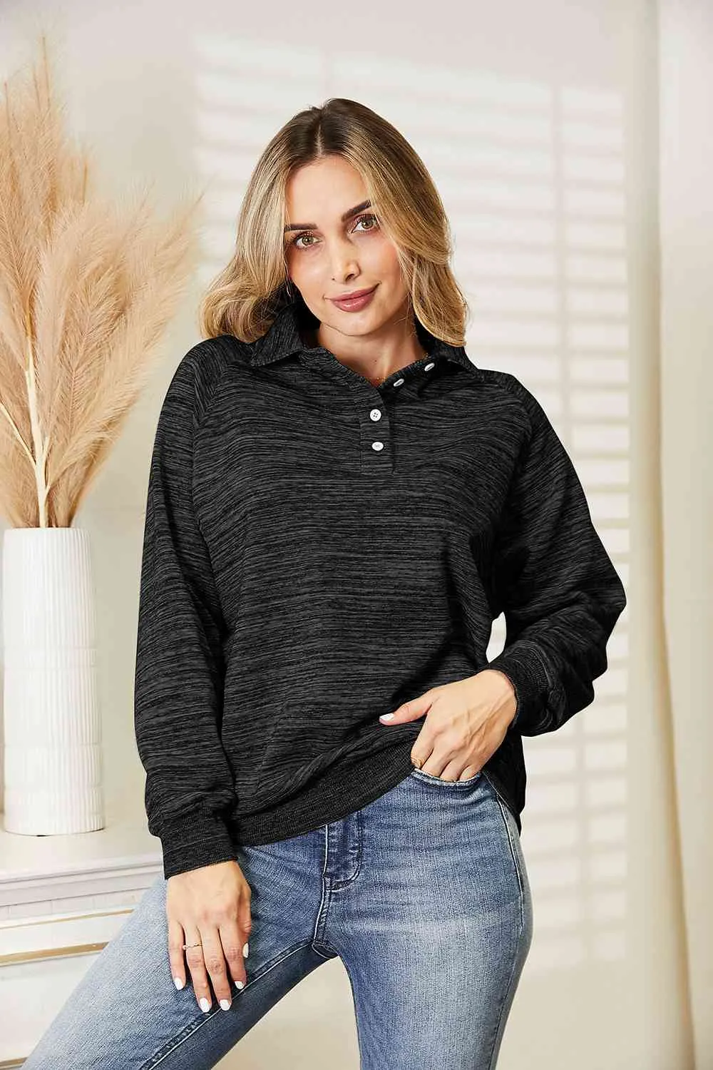 Ninexis Full Size Quarter-Button Collared Sweatshirt