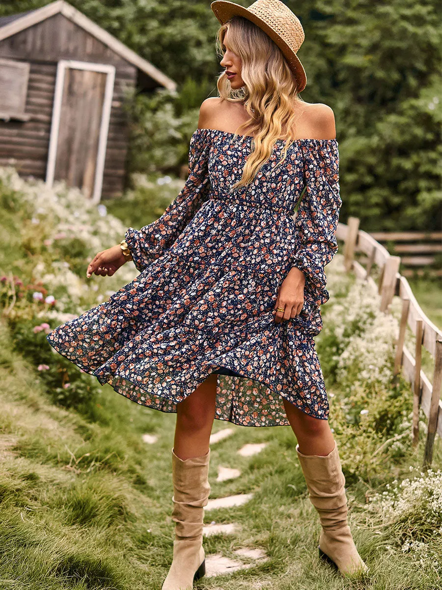 Off Shoulder or Square Neckline Floral Printed Long Sleeves Chiffon Boho Dress