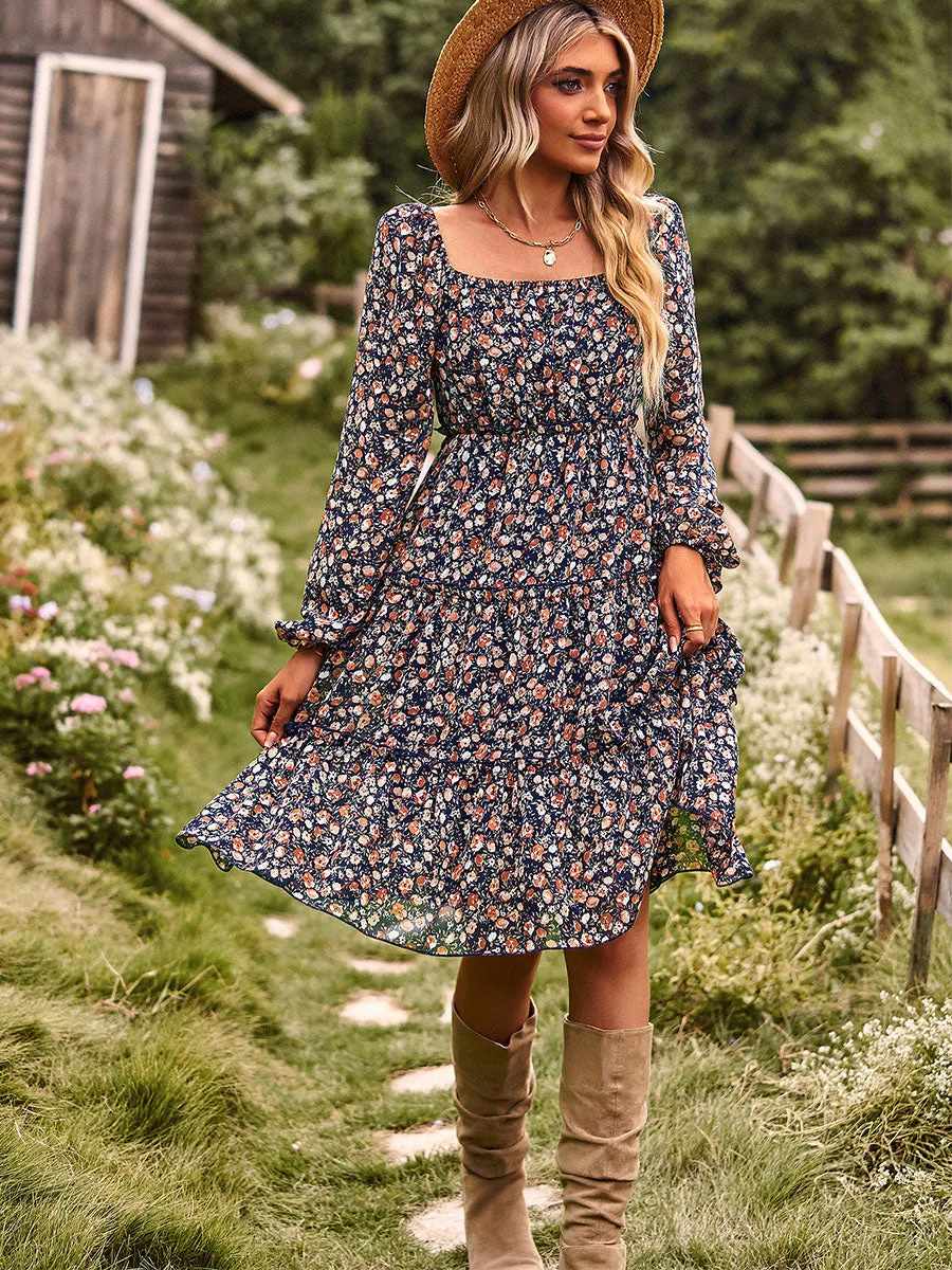 Off Shoulder or Square Neckline Floral Printed Long Sleeves Chiffon Boho Dress