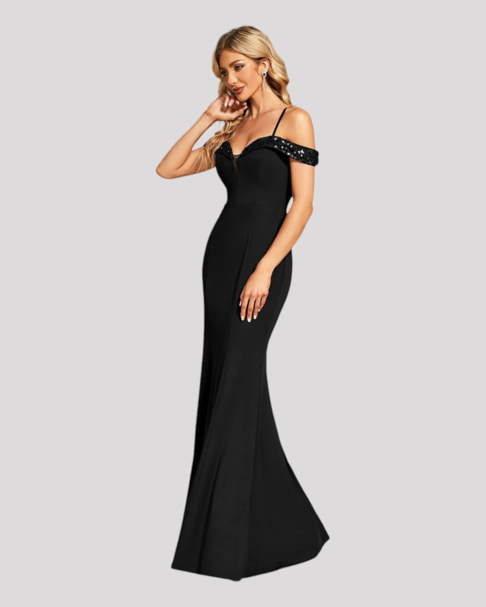 Off the Shoulder Evening Dress with Sequin Detailed Neckline, Choose from 3 colours