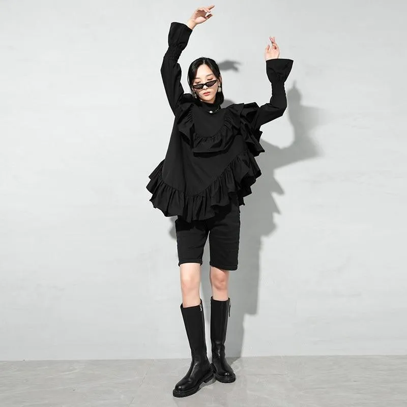 Okimi Asymmetrical Ruffle Long Sleeve Shirt - Black