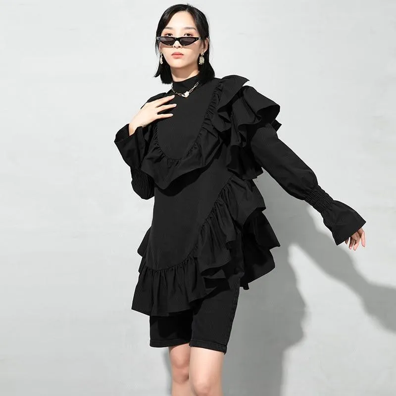 Okimi Asymmetrical Ruffle Long Sleeve Shirt - Black