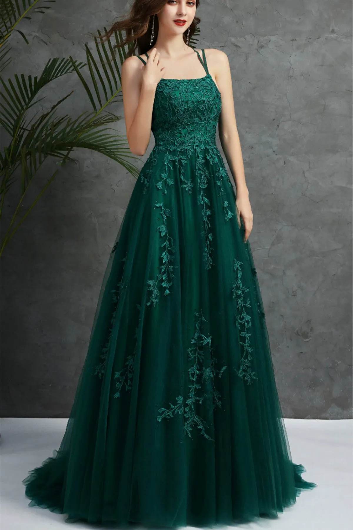 Open Back Dark Green Tulle Lace Long Prom Dress, Dark Green Lace Formal Dress, Dark Green Evening Dress A1507