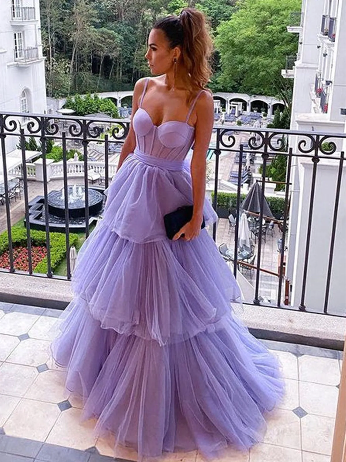 Open Back Spaghetti Straps Lilac Tulle Layered Long Prom Dresses, Purple Tulle Formal Evening Dresses