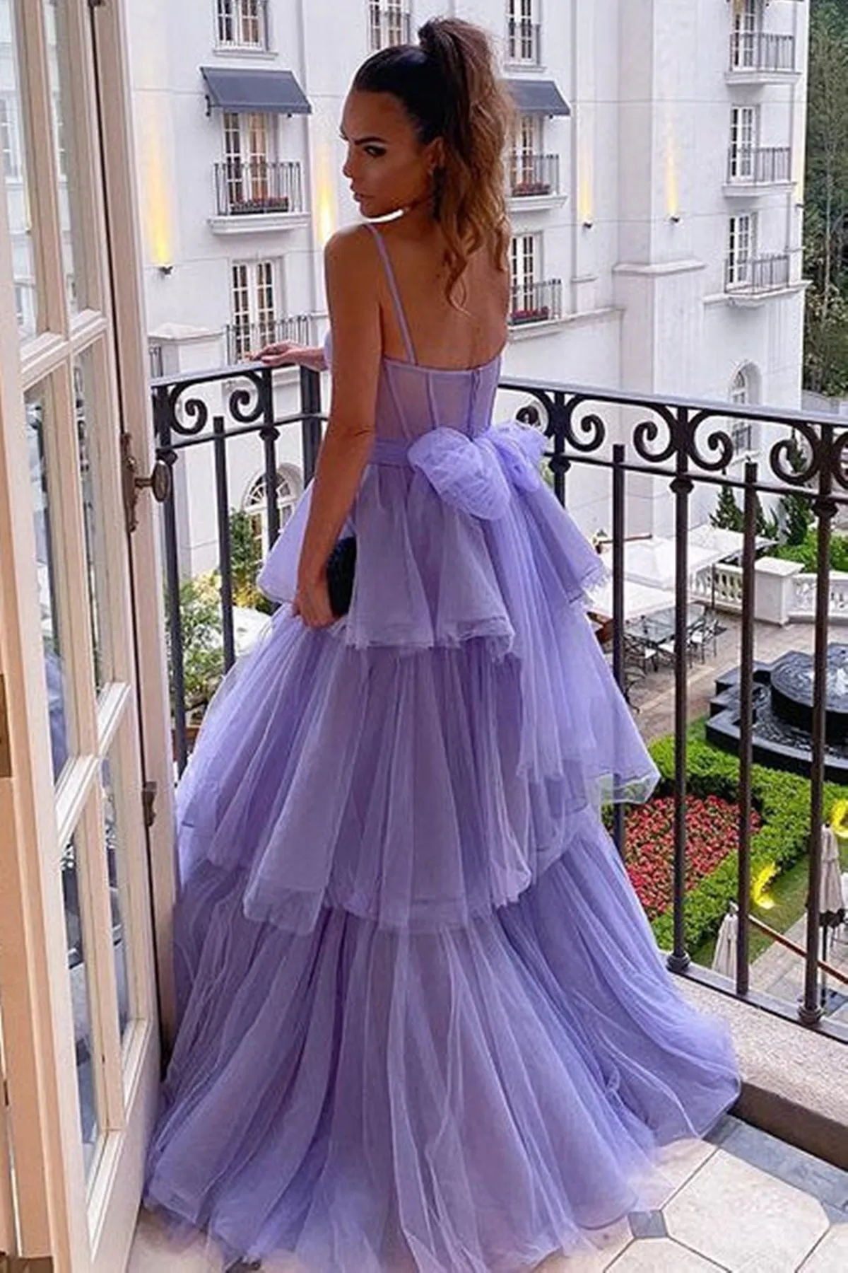 Open Back Spaghetti Straps Lilac Tulle Layered Long Prom Dresses, Purple Tulle Formal Evening Dresses