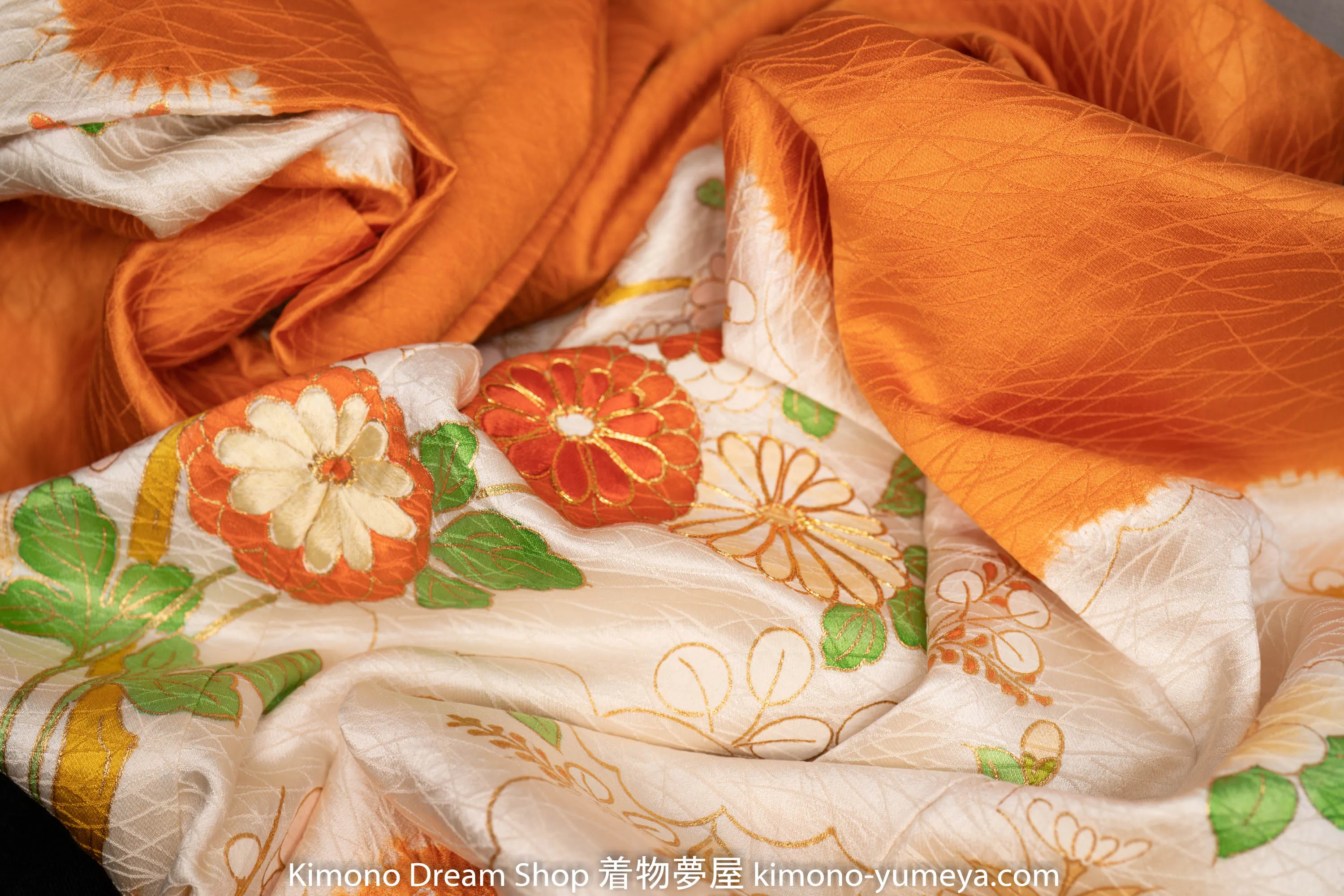 Orange Tie Dye Homongi Silk Kanoko Deer Fawn Spots Shibori Chrysanthemum Sakura Cherry Blossom