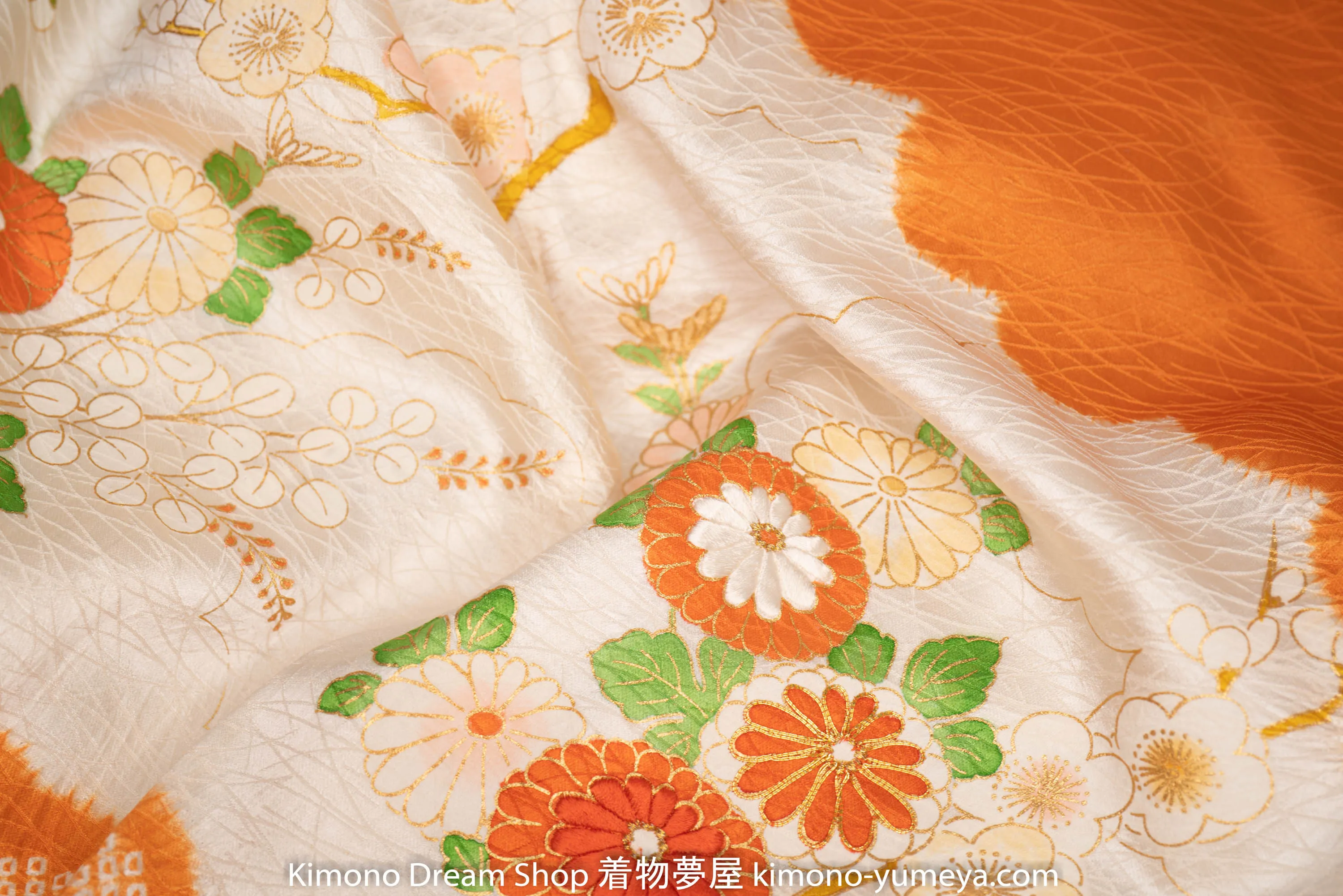 Orange Tie Dye Homongi Silk Kanoko Deer Fawn Spots Shibori Chrysanthemum Sakura Cherry Blossom