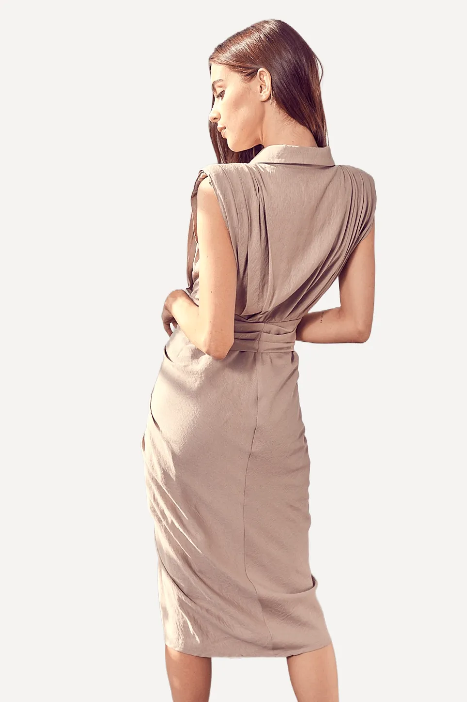 Padded Shoulder Front Tie Dress