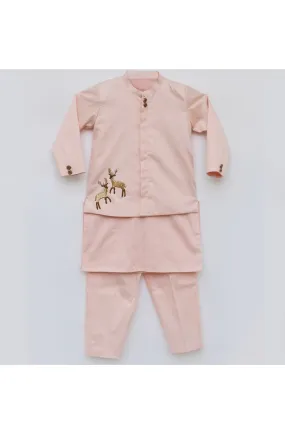 Peach Kurta With Deer Motif Jacket And Pant Set