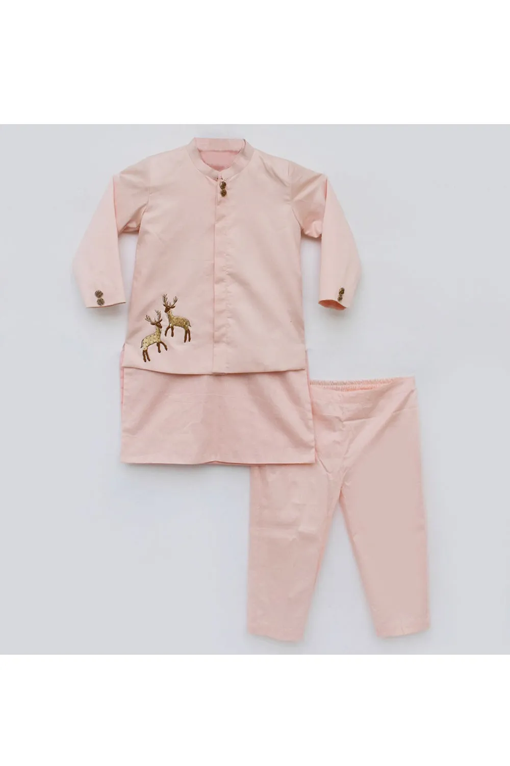 Peach Kurta With Deer Motif Jacket And Pant Set