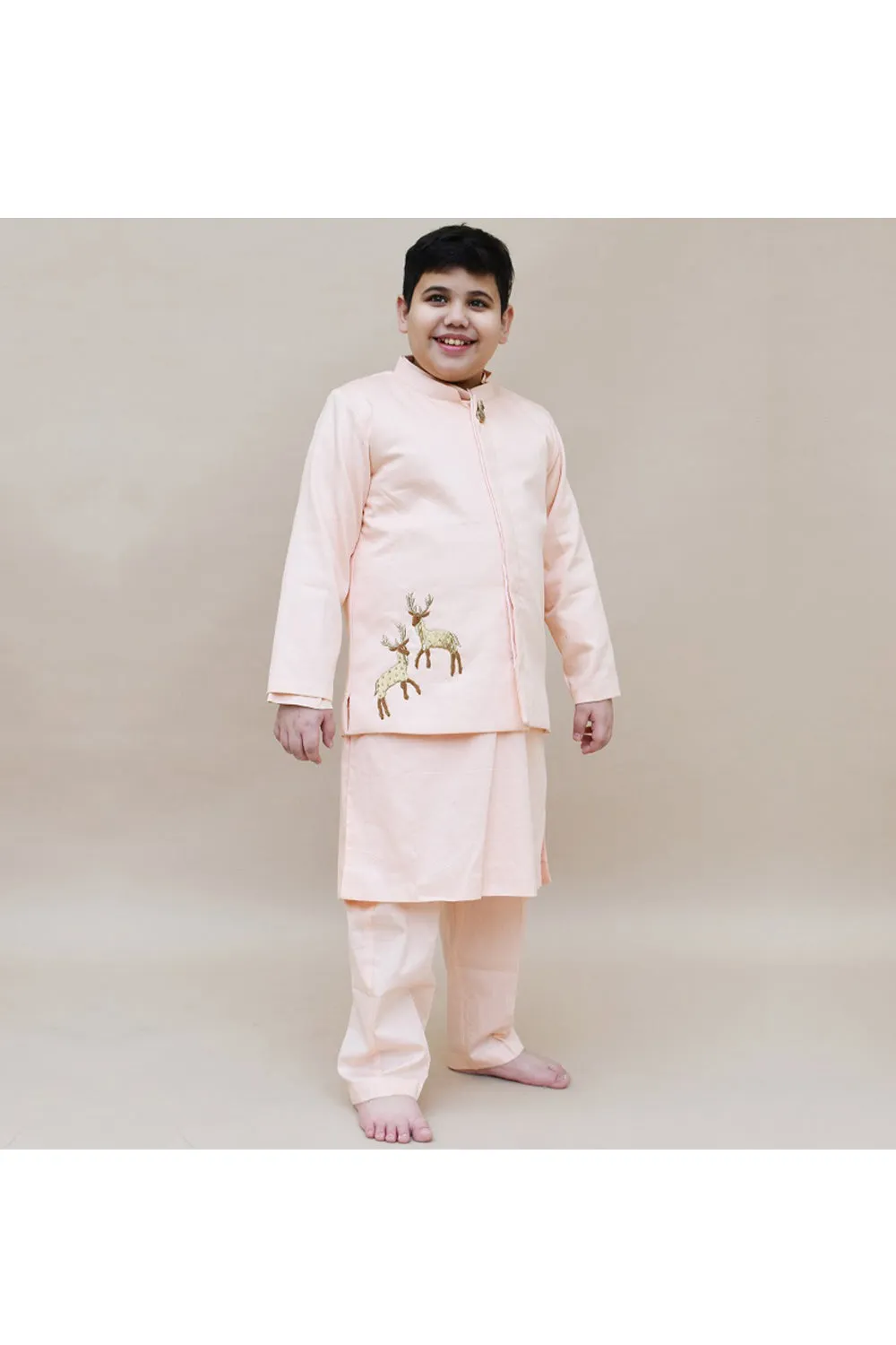 Peach Kurta With Deer Motif Jacket And Pant Set