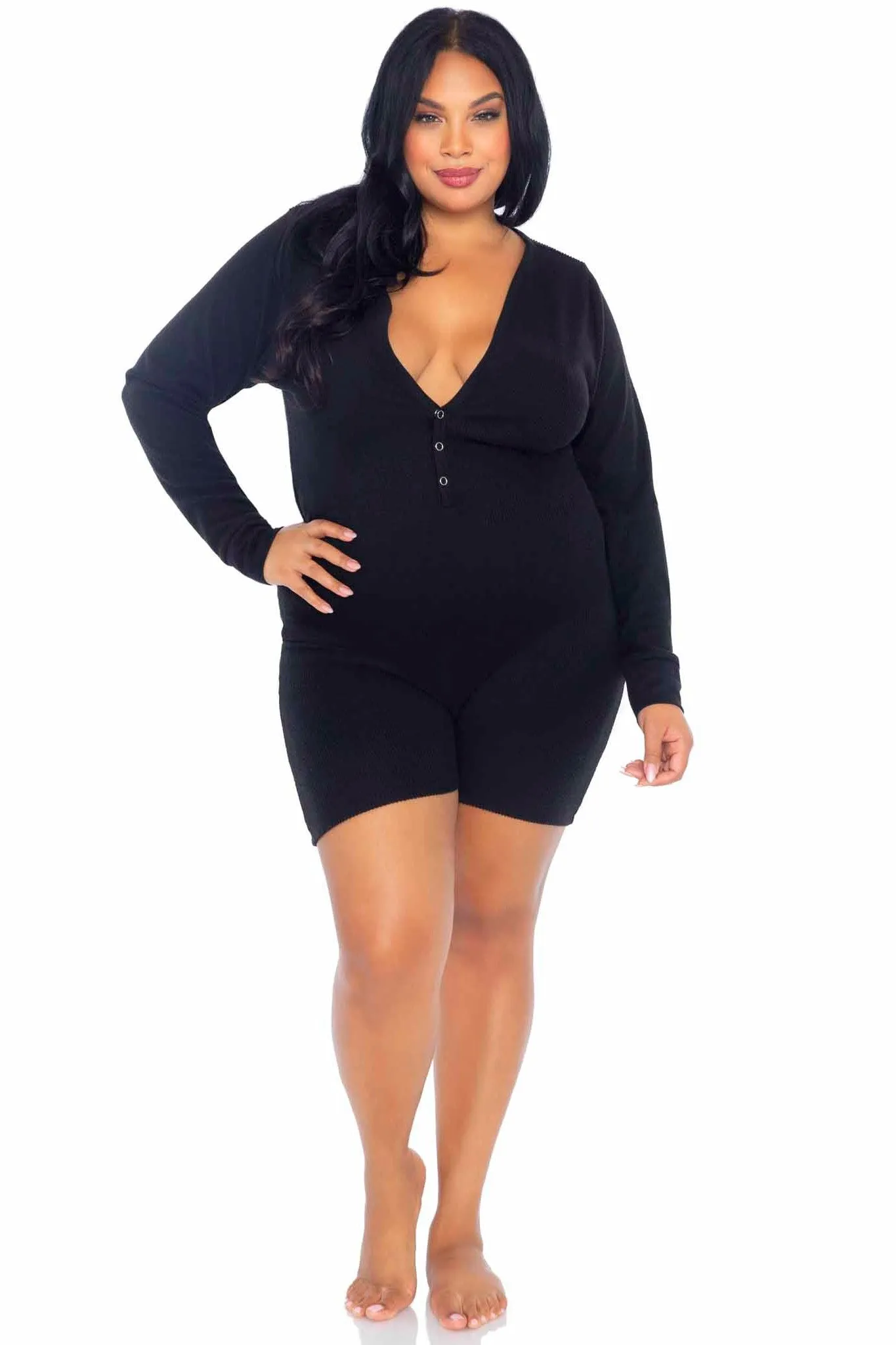 Plus Size Brushed Rib Romber Long Johns, Snap Closure Back Flap