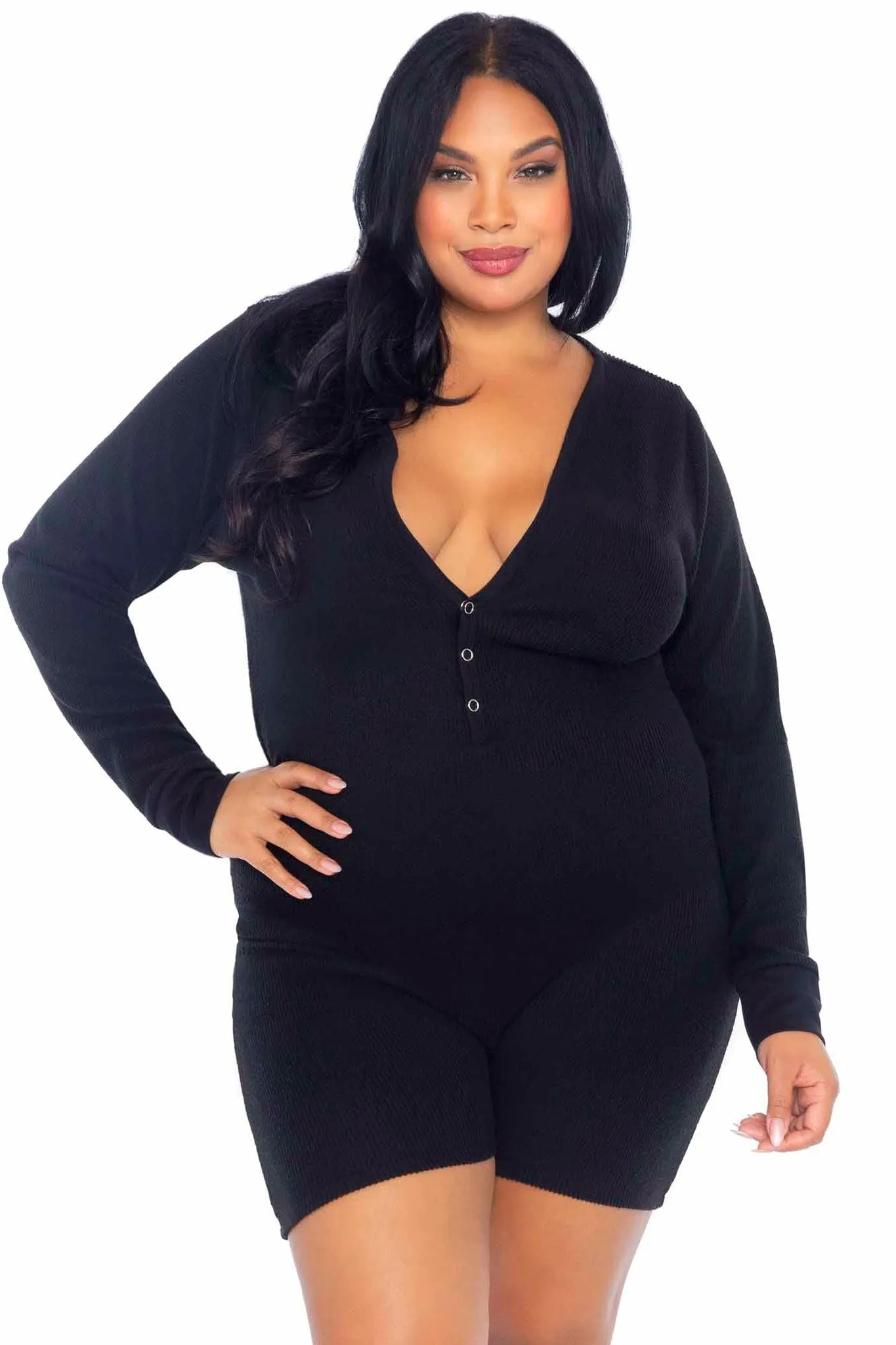 Plus Size Brushed Rib Romber Long Johns, Snap Closure Back Flap